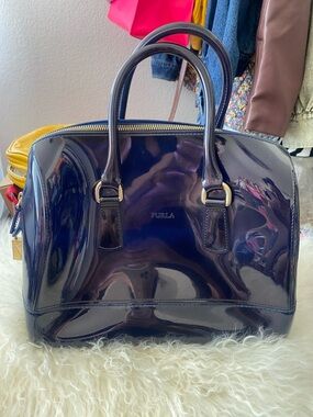 FURLA Candy Bag Glossy Patent Satchel in Navy Blue 💙